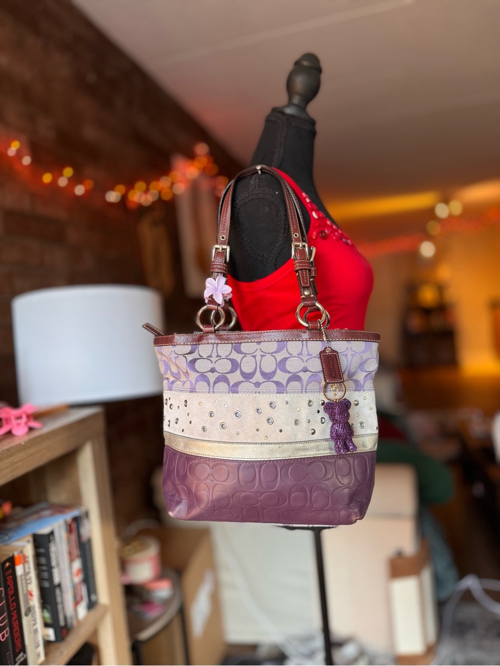 Coach Purple and Cream Signature Stripe Tote with Stud Accents